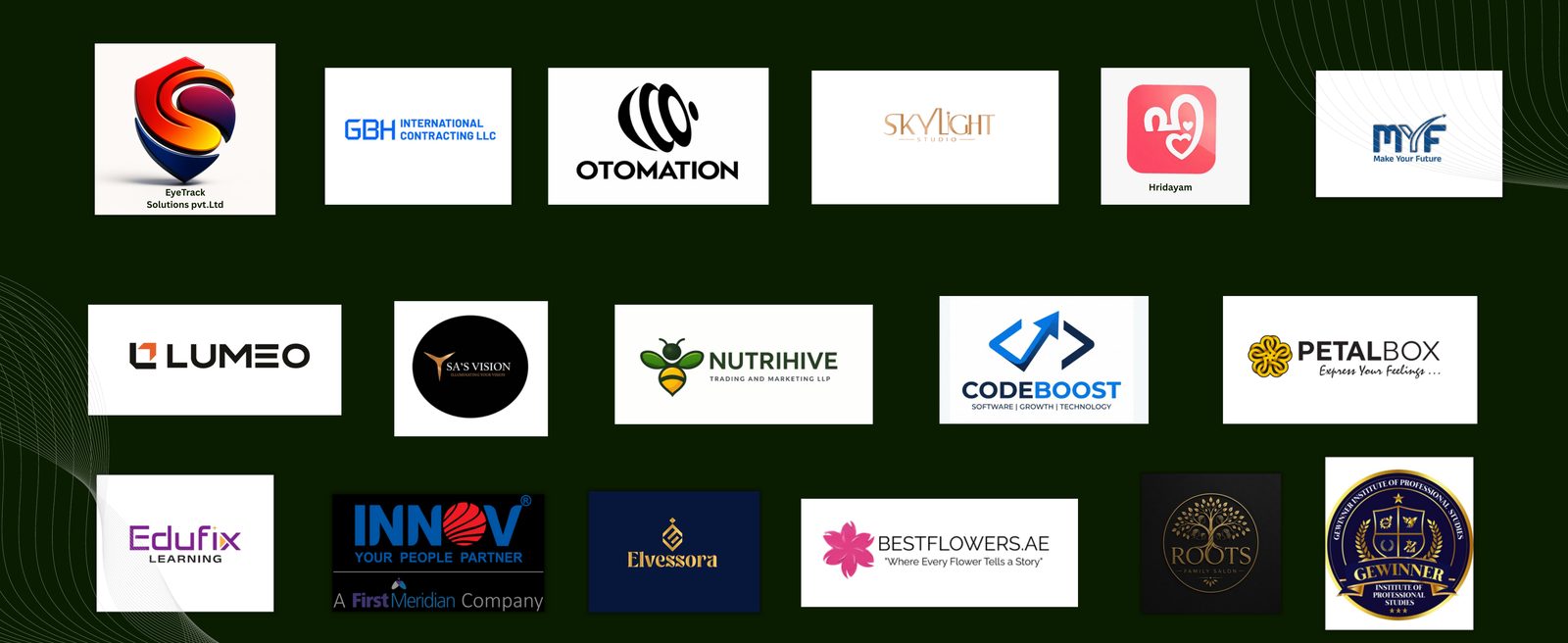 Logos of BrandLumeo Marketing client brands including EyeTrack Solutions, GBH International Contracting, Otomation, Skylight Studio, Hridayam, MYF, Lumeo, SA's Vision, Nutrihive, Codeboost, Petalbox, Edufix Learning, Innov, Elvessora, Bestflowers.ae, Roots Family Salon and Gewinner Institute