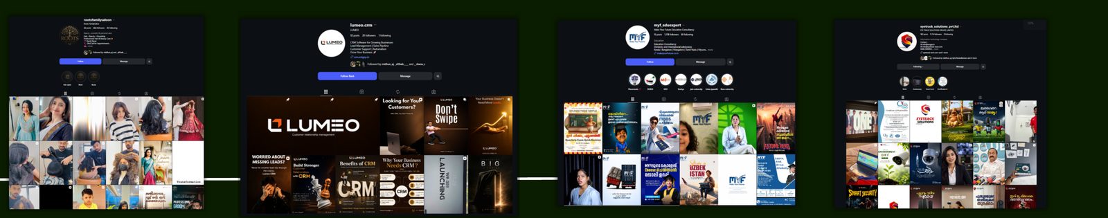 Instagram profile grids managed by BrandLumeo for Roots Family Salon, Lumeo CRM, MYF Make Your Future and EyeTrack Solutions