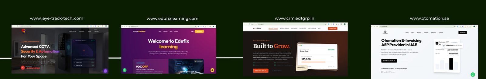 Live website previews built by BrandLumeo for EyeTrack Solutions, Edufix Learning, Lumeo CRM and Otomation