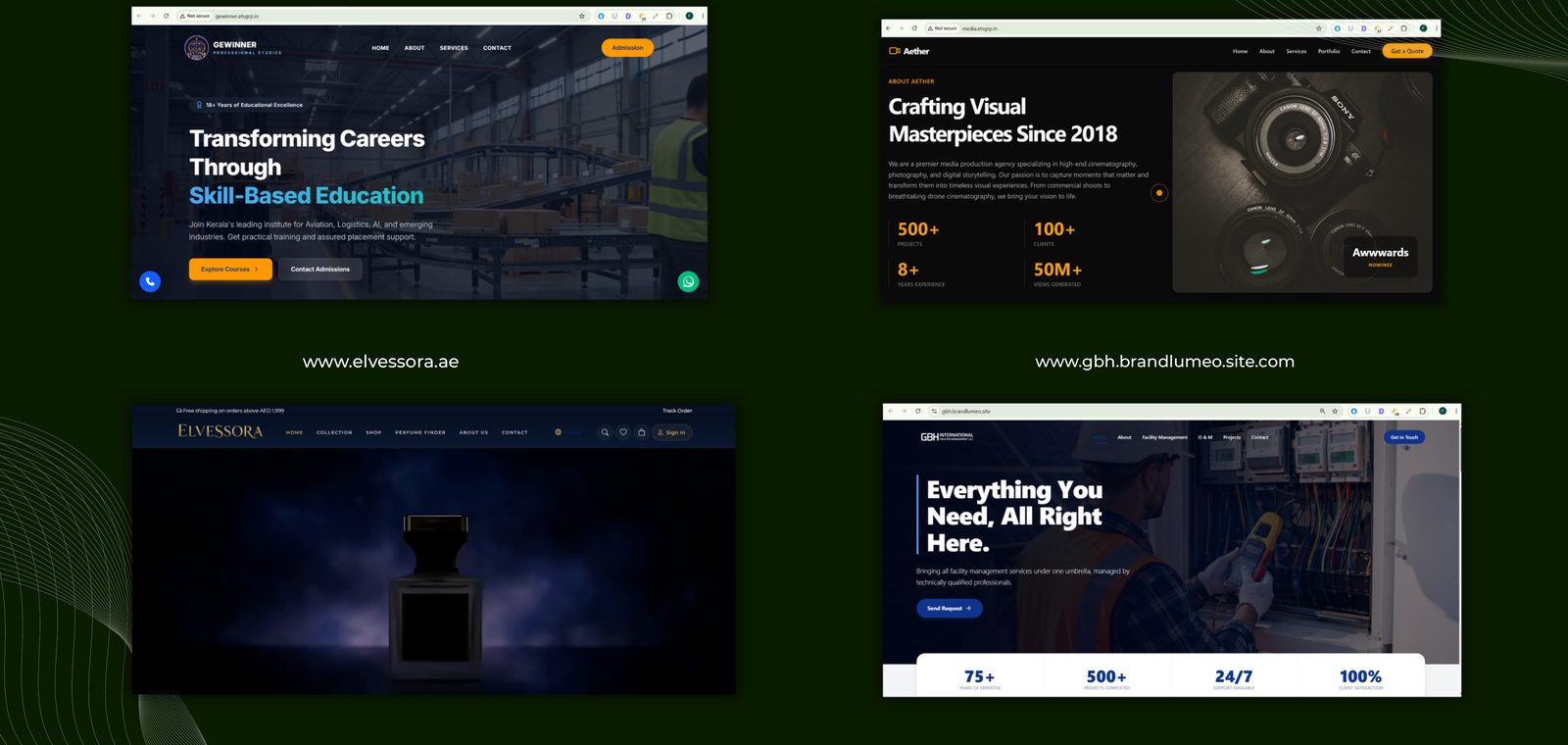Live website previews built by BrandLumeo for Gewinner Institute of Professional Studies, Aether media production, Elvessora perfumes and GBH International Contracting